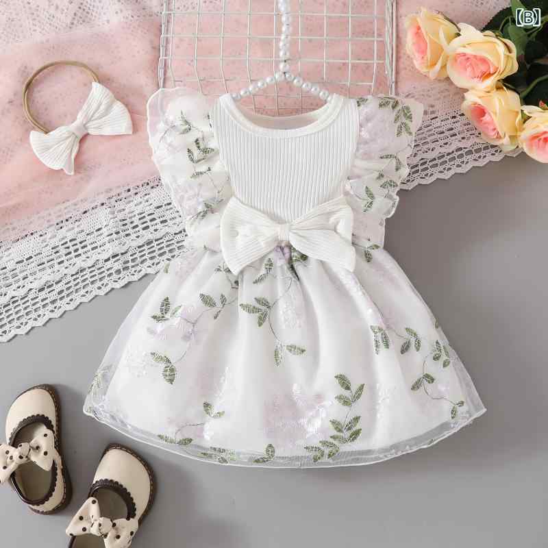 ワンピース ベビー 女の子 ノースリーブ かわいい プリンセス チュール フリル リボン 花柄 刺繍 Aライン ポリエステル ニット ソフト 赤ちゃん 幼児 夏