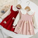 ワンピース 女の子 春秋 長袖 ニット ドールカラー リボン かわいいプリンセス 柔らかい ポリエステル アクリル 子供服 幼児 小学生 ピンク レッド フレア...
