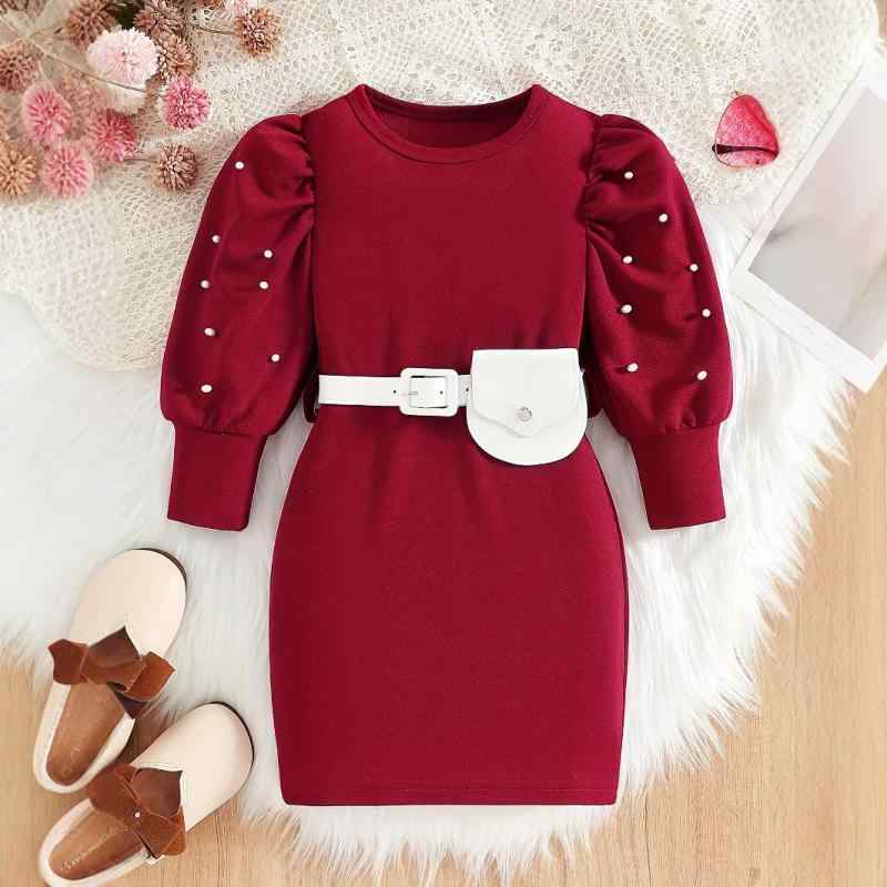 ワンピース 女の子 キッズ レトロ ヴィンテージ風 赤 レッド ラウンドネック 丸首 ランタンスリーブ パフスリーブ ウエストベルト パール飾り 秋冬