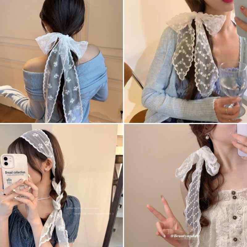 スカーフ レディース フレンチスタイル レース リボン 細長 薄手 シアー ホワイト 白 ネック スカーフ..