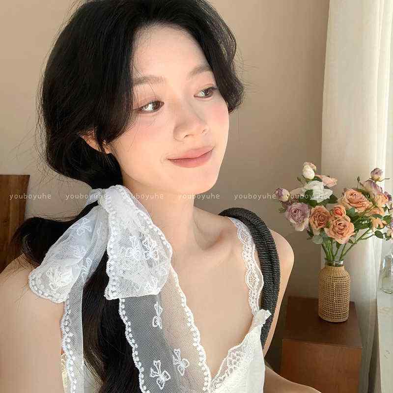 ロングスカーフ レディース ホワイト レース リボン 大人かわいい トレンド 春夏 ヘアアクセサリー チ..