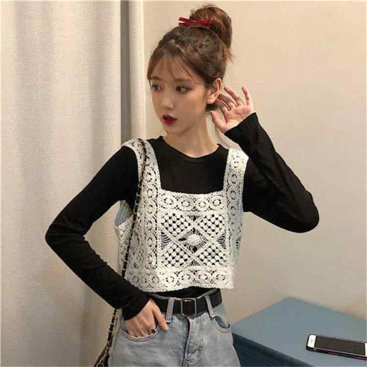 ニットキャミソール レディース 女性用 刺繍 透かし編み ショート丈 ノースリーブ 綿 コットン インナ..