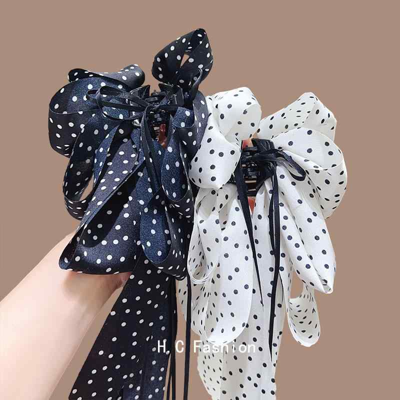 バンスクリップ レディース フレンチレトロ ドット柄 リボン 上品 エレガント かわいい ヘアクリップ ..