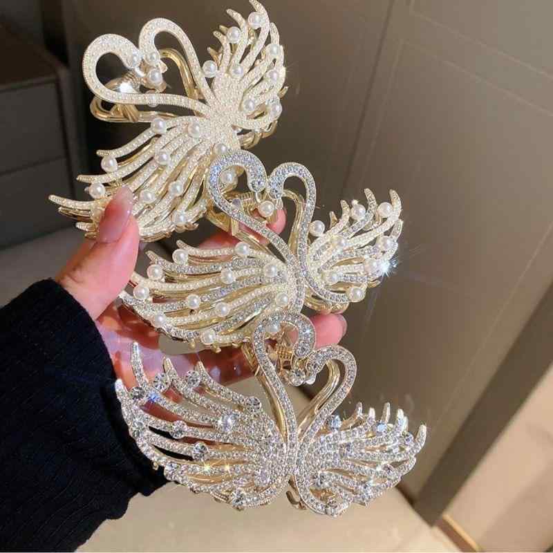 ヘアアクセサリー レディース 高級感 パール ジルコニア スワン バンスクリップ 軽やか 上品 エレガント まとめ髪 後頭部 ヘアクリップ 髪留め 髪飾り 合金