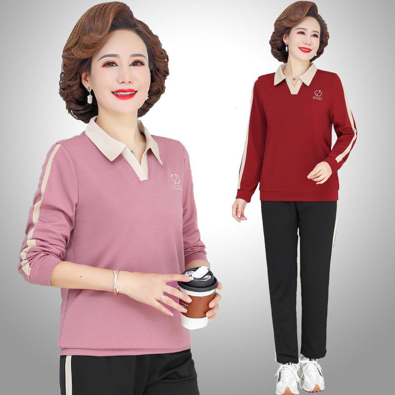 セットアップ レディース ミセス 中年女性向け 春夏秋 カジュアル スポーツウェア 運動着 上下セット 2点セット 長袖 長ズボン プルオーバー ゆったり 体型カバー おしゃれ 普段着 お出かけ リラックス ポリエステル ピンク レッド ブラック