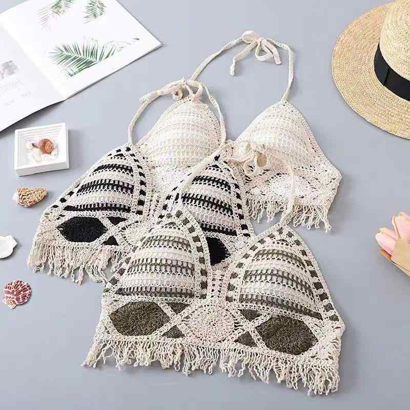 ニットキャミソール レディース ホルターネック クロシェ編み バックシャン カップ付き 薄手 ショート..