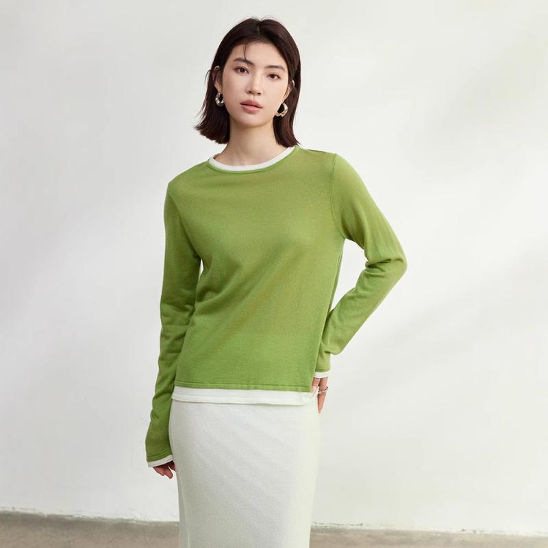 ニット レディース フェイクレイヤード 重ね着風 配色 バイカラー 長袖 クルーネック レギュラーフィット ウール混 セーター トップス 薄手 きれいめ 上品 エレガント 通勤 オフィスカジュアル 秋(4)