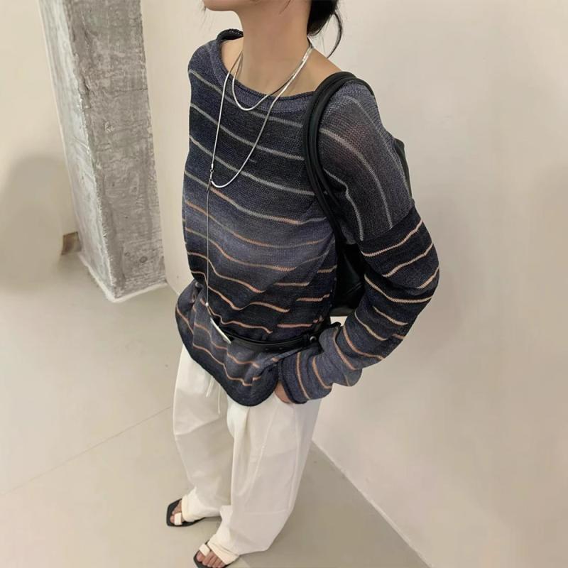 ニット レディース 高級感 和紙糸 ストライプ 長袖 プルオーバー ラウンドネック オフショルダー ゆっ..