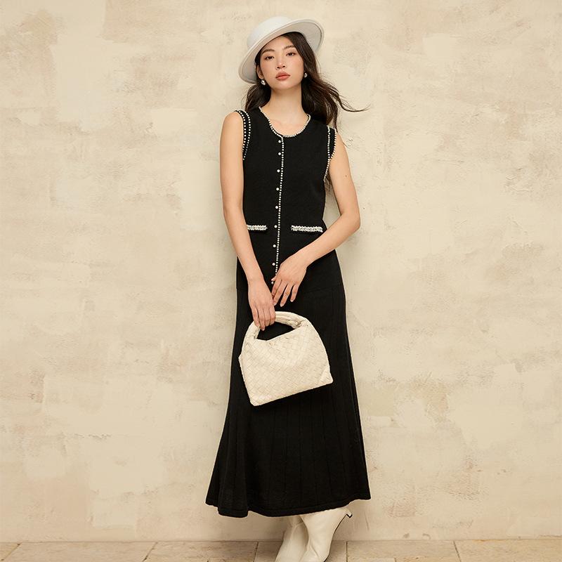 ワンピース レディース ウール ニット ロング丈 ジャンパースカート ハイウエスト ラウンドネック ノー..