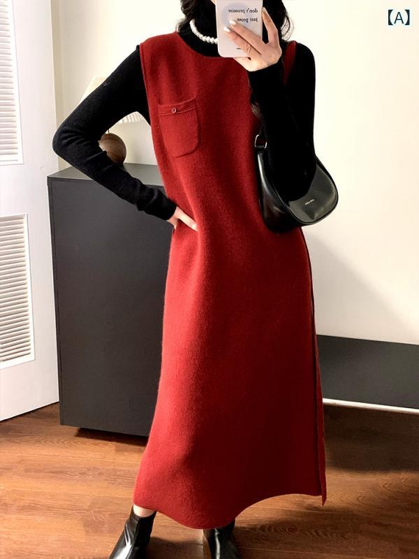 ワンピース レディース 上質 ラクーン混 ニット ノースリーブ ジャンパースカート 秋冬 赤 レッド ミデ..