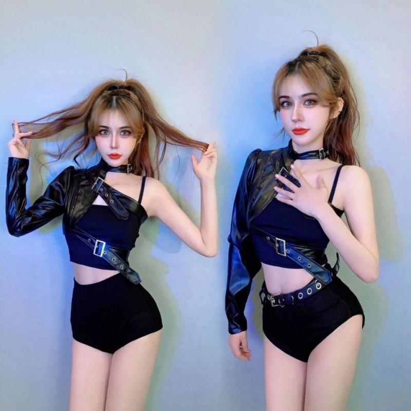 ダンス衣装 レディース バー ゴーゴー ジャズ DJ ステージ ライブ パフォーマンス イベント セクシー 華やか ブラック 黒 ポリエステル フェイクレザー ワンショルダー トップス ボトムス 上下セット