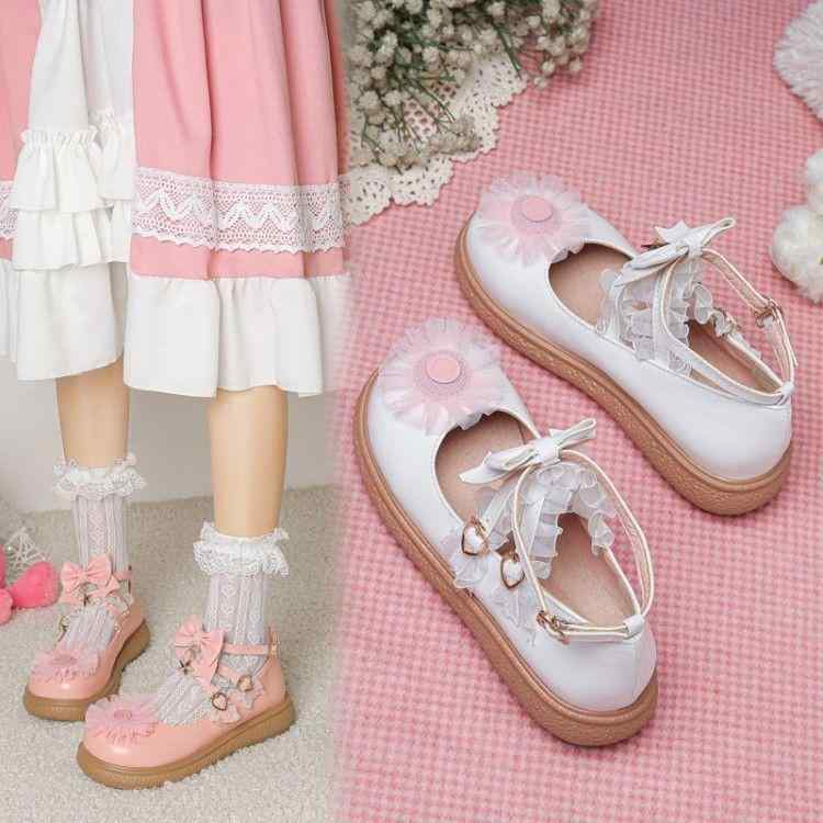 パンプス レディース ロリータ JK制服 マリージェーン ストラップ リボン レース かわいい ラウンドトゥ ウェッジヒール 厚底 PUレザー 合成皮革 通気性 秋冬 ホワイト ピンク オフホワイト 普段使い