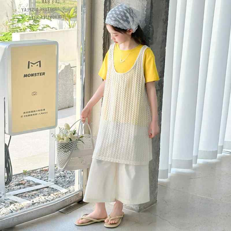キッズ 女の子 ジュニア 夏 サマー 韓国ファッション 透かし編みニット キャミソール ワイドパンツ ス..