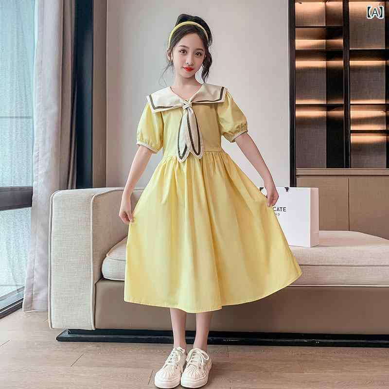 ワンピース キッズ 女の子 女児 中大童 ジュニア 綿 コットン カジュアル 普段使い プリンセスドレス かわいい ノースリーブ キャミワンピース 無地 イエロー ネイビー 春夏