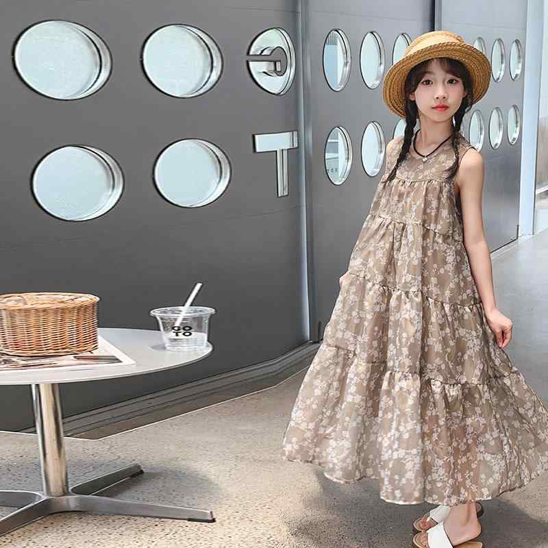 ワンピース キッズ ジュニア 女の子 中高学年 小花柄 ノースリーブ プリンセスドレス かわいい おしゃれ 春夏 綿素材 カーキ 普段使い お出かけ Aライン 涼しい
