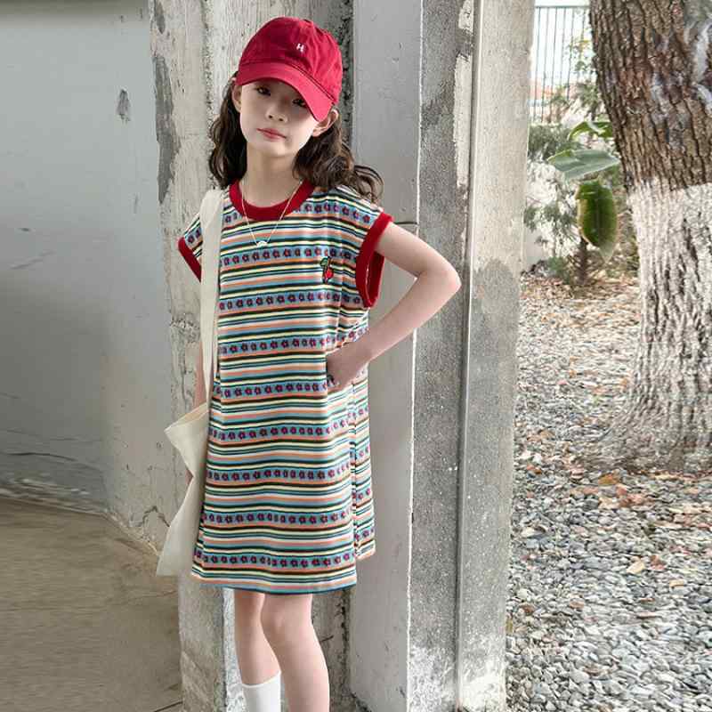 ワンピース キッズ 女の子 ガールズ ジュニア 韓国 ボーダー ストライプ Tシャツワンピース 半袖 コッ..