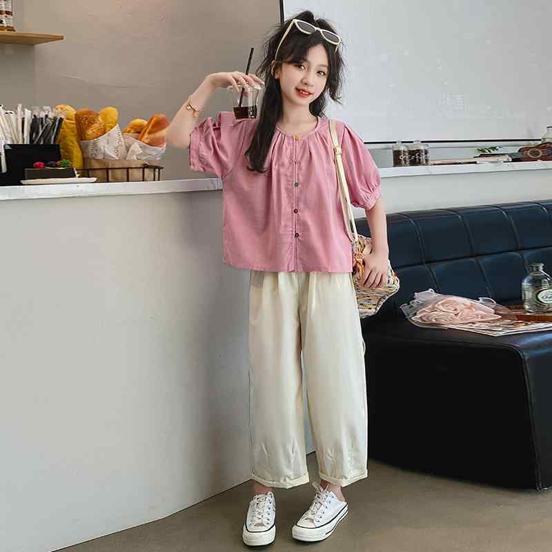 キッズ 女の子 韓国 トレンド おしゃれ かわいい パフスリーブ 薄手 ブラウス ゆったり クロップドパンツ 夏 カジュアル 綿 通気性 無地 ピンク 2点セット
