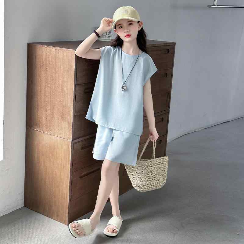 セットアップ 女の子 ジュニア 夏服 カジュアル ノースリーブ ショートパンツ 2点セット ポリエステル ソフトな肌触り 普段使い お出かけ リラックスウェア ライトブルー 水(4)