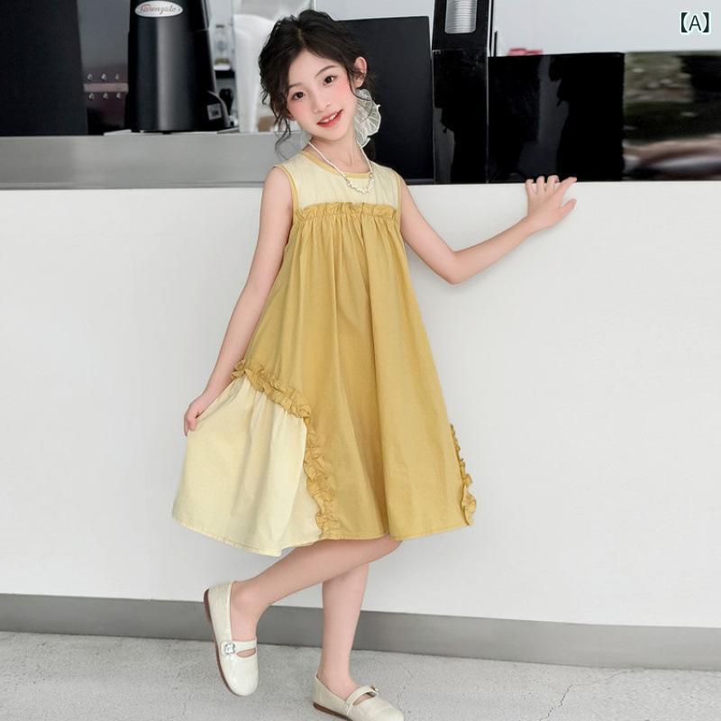 ワンピース 女の子 女児 キッズ ノースリーブ プリンセスドレス 韓国 おしゃれ かわいい 春夏 綿 コットン 柔らかい 切り替え イエロー お出かけ 普段着 Aライン