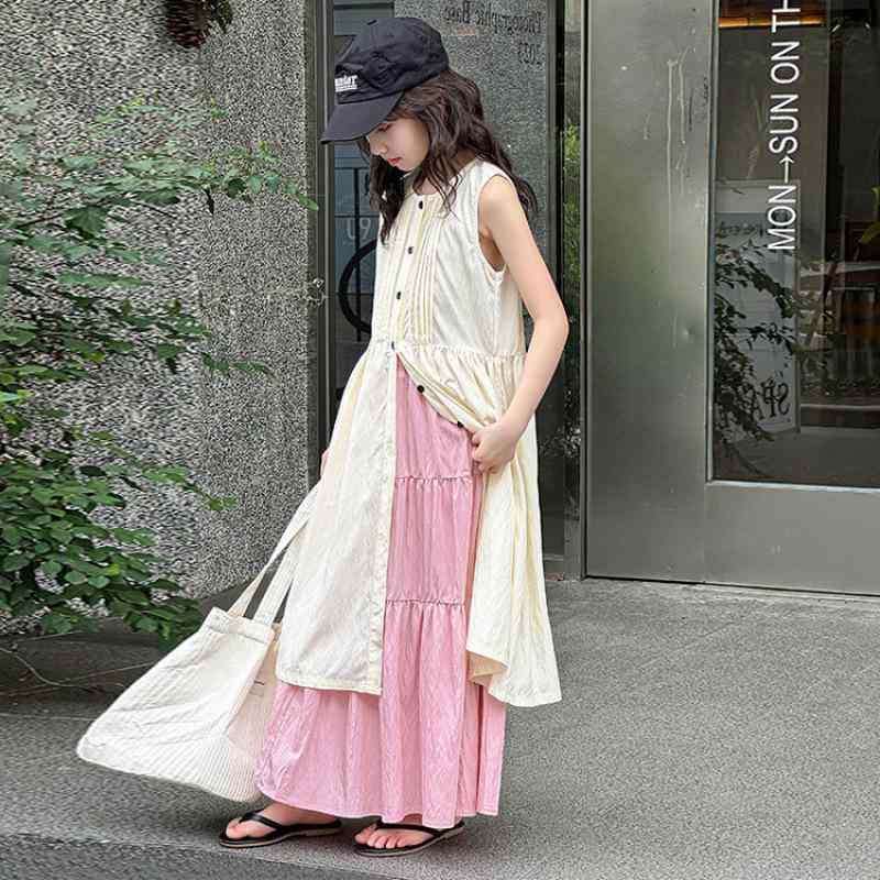 スカートセット 女の子 ノースリーブ トップス プリーツ ミディ丈スカート ツーピース リゾート風 レトロ フレンチ 上品 エレガント 韓国 綿 ピンク 春夏 薄手 セットアップ