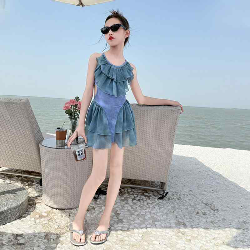 水着 女の子 キッズ バックオープン ワンピース スイムウェア スカート付き 速乾性 吸水速乾 おしゃれ かわいい ビーチ プール 海水浴 水遊び ポリエステル 夏 サマー ブルー