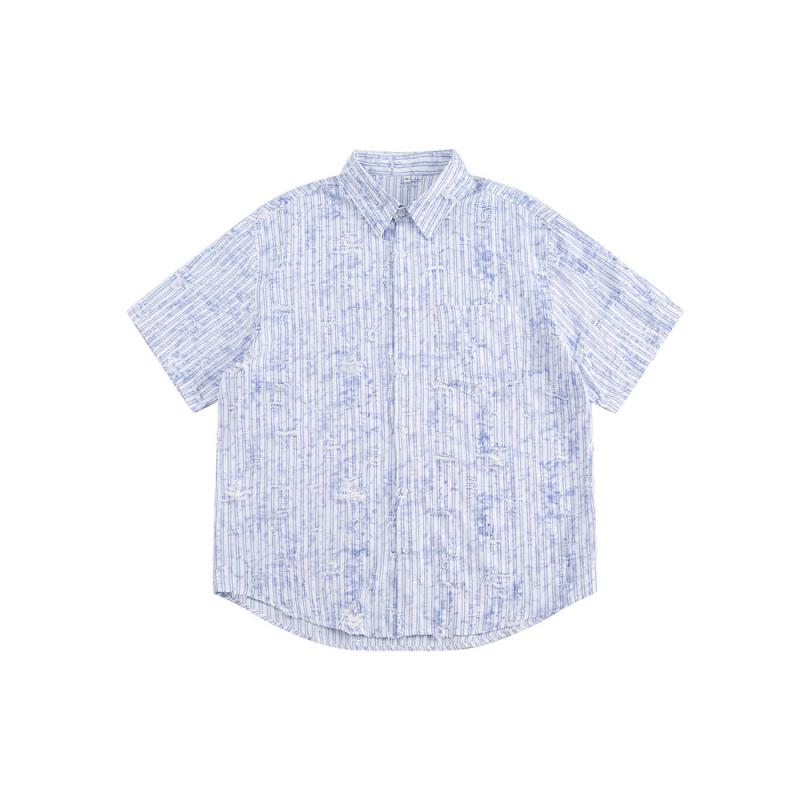 シャツ メンズ 男性用 ストライプ 半袖 ダメージ加工 ヴィンテージ風ライク 開襟 オープンカラー オーバーサイズ ゆったり カジュアル ストリートファッション 綿混 ポリエステル 通気性 夏 サマー ブルー