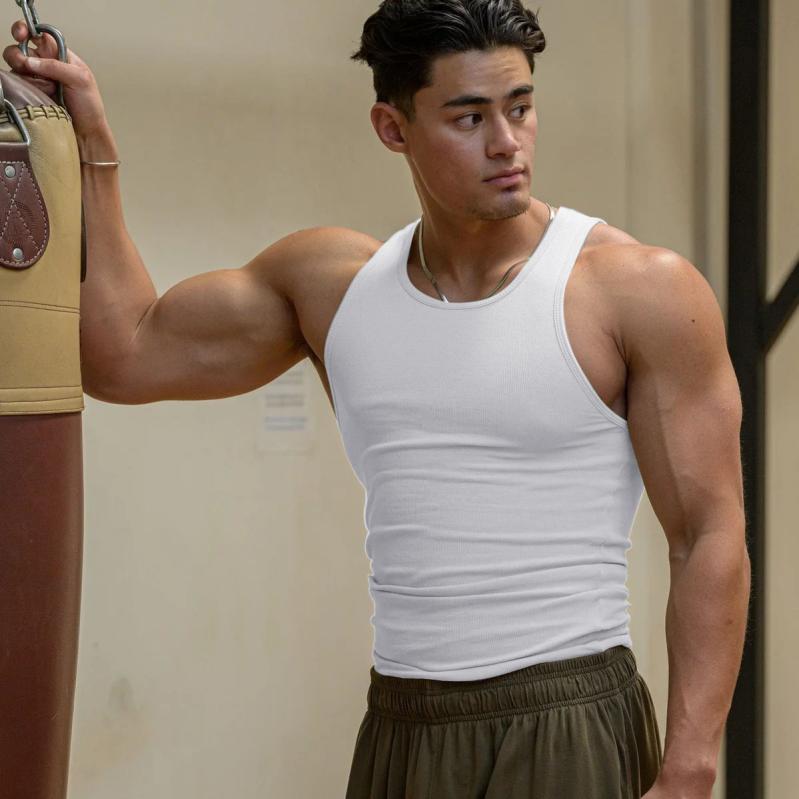 タンクトップ メンズ 高伸縮性 ストライプ リブ編み タイトフィット スポーツ ランニング ジム ワーク..