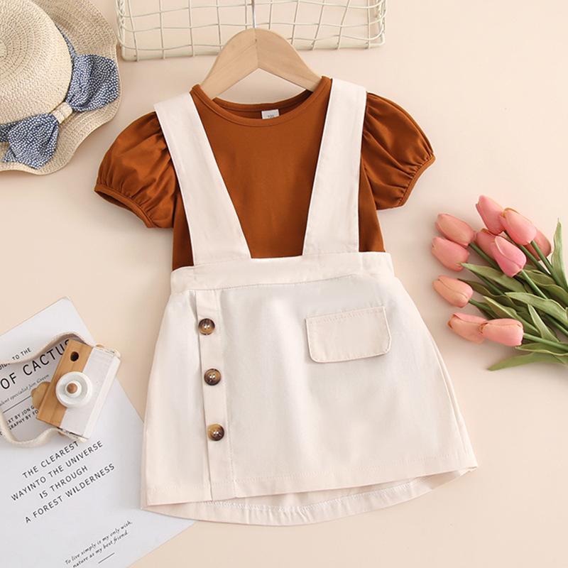 スカートセット キッズ 女の子 韓国 パフスリーブ 半袖Tシャツ サロペットスカート 柔らかい 夏物 薄手 綿 ブラウン お出かけ 普段使い 2点セット