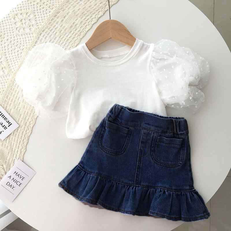 Tシャツ スカート セットアップ キッズ 女の子 パフスリーブ 半袖Tシャツ フリル マーメイド デニムスカート 上下セット 子供服 かわいい おしゃれ カジュアル 春夏 薄手 柔らかい