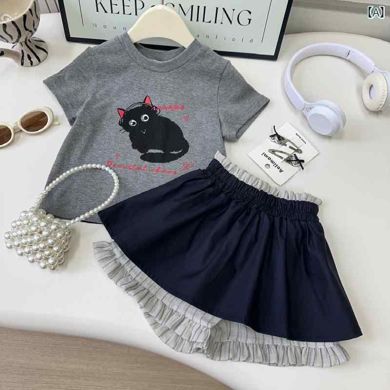 セットアップ 女の子 キッズ 半袖Tシャツ フリル キュロット スカートパンツ 猫柄プリント キャラクタ..