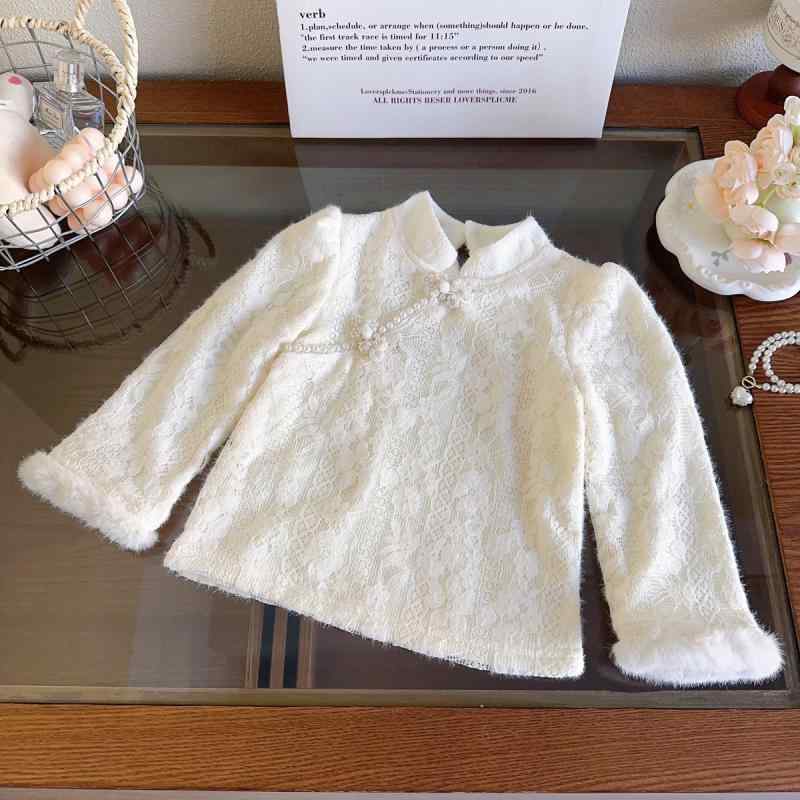 トップス 女児 古風 チャイナ 長袖 裏起毛 インナー 肌着 チャイナボタン レース ナイロン素材 冬 防寒..