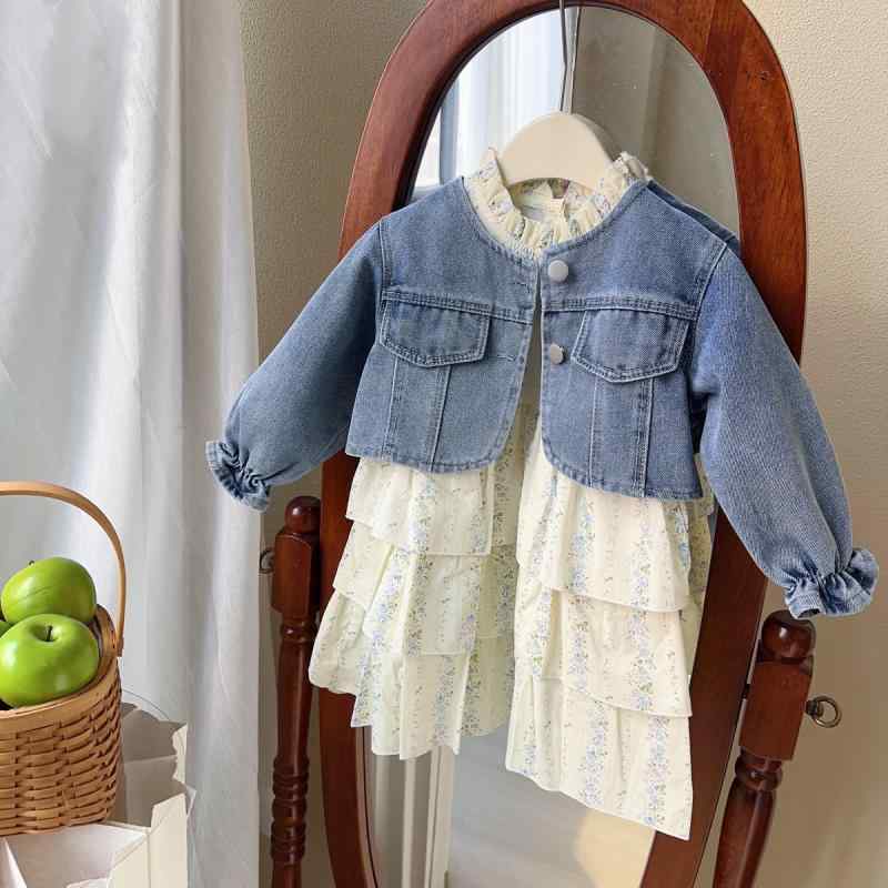 セットアップ ガールズ 韓国 カジュアル 2点セット ブルーデニムジャケット Gジャン アプリコット 小花..