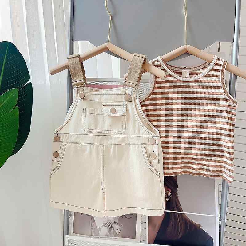 キッズ 女の子 子供服 夏 サマー コットン 綿 ポケット 刺繍 アルファベット ストライプ柄 ノースリー..