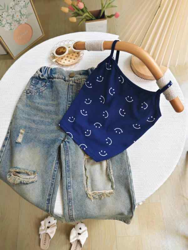 キッズ 女の子 春夏 かわいい 花柄 タンクトップ ノースリーブ デニムパンツ 九分丈 ジーンズ 柔らかい カジュアル ツーピース セットアップ 普段着 お出かけ