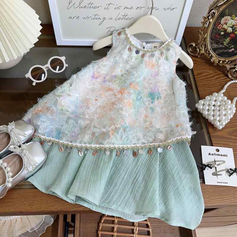 キッズ 女の子 ワンピース リゾート風 民族風 エスニック フリンジ タッセル ノースリーブ プリンセス風 Aライン おしゃれ かわいい グリーン ポリエステル 春夏