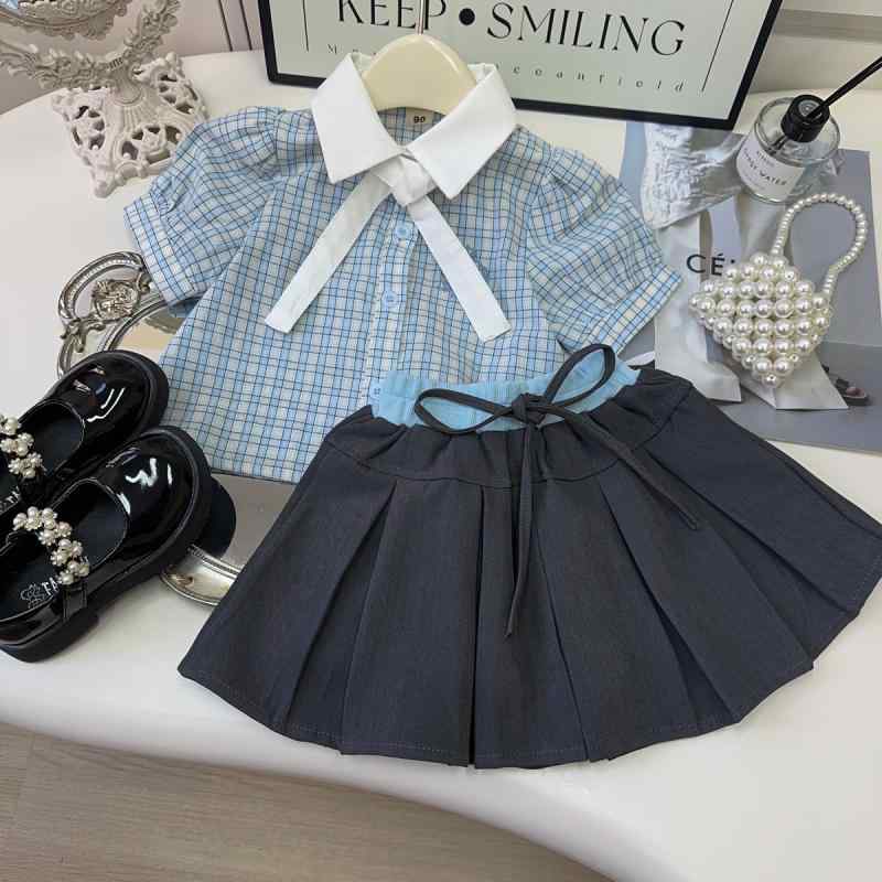 セットアップ キッズ 女の子 子供服 学院風 スクール風 かわいい おしゃれ チェック柄 半袖トップス プリーツスカート 2点セット 春夏 綿 コットン ブルー グレー 幼児 小学生 通学 お出かけ