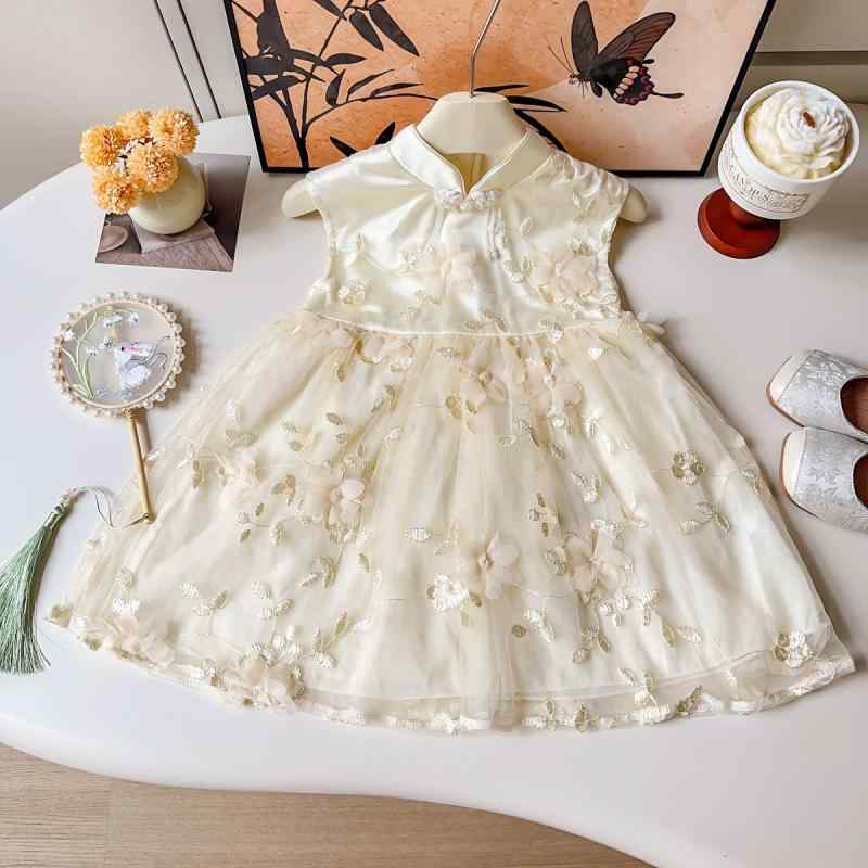 ワンピース 女の子 中国風 チャイナドレス ノースリーブ 夏 レトロ Aライン フレア ナイロン アプリコ..