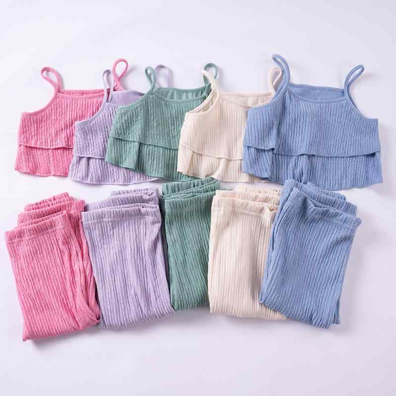 キッズ 女の子 セットアップ 春夏 ノースリーブ キャミソール 波柄 プリーツ ゆったり ロングパンツ 2点セット 薄手 接触冷感 ポリエステル 普段使い リゾート カジュアル