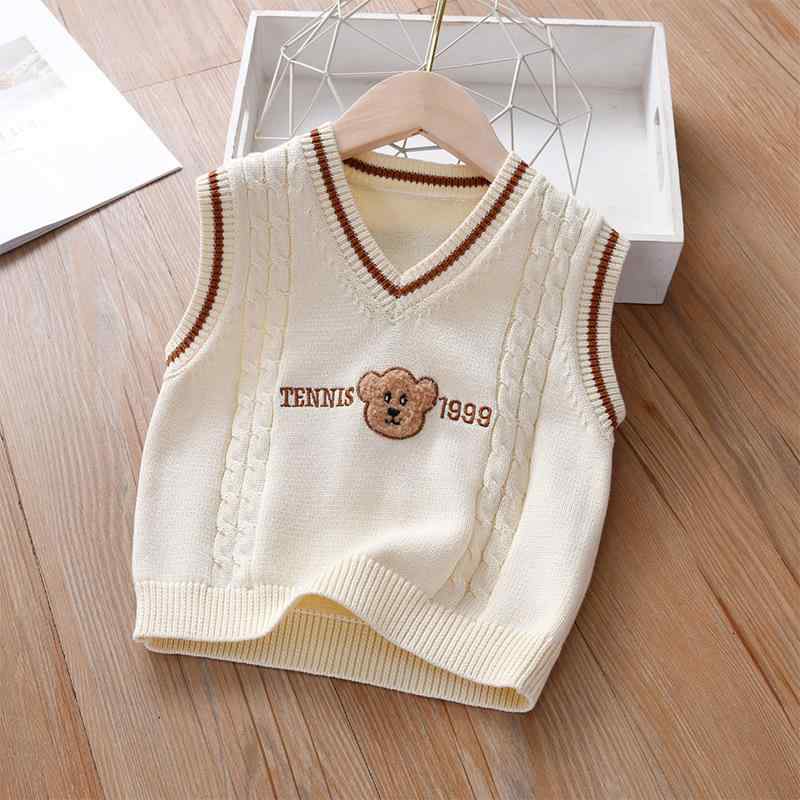 ニットベスト キッズ 男の子 綿 春秋 スクール風 通学 クマ刺繍 プルオーバー ノースリーブ 柔らかな肌..