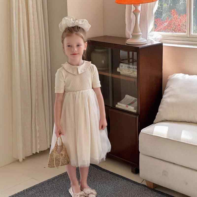 ワンピース 女の子 キッズ プリンセス風 チュール切り替え 半袖 ニット 韓国 コットン 綿素材 Aライン ..