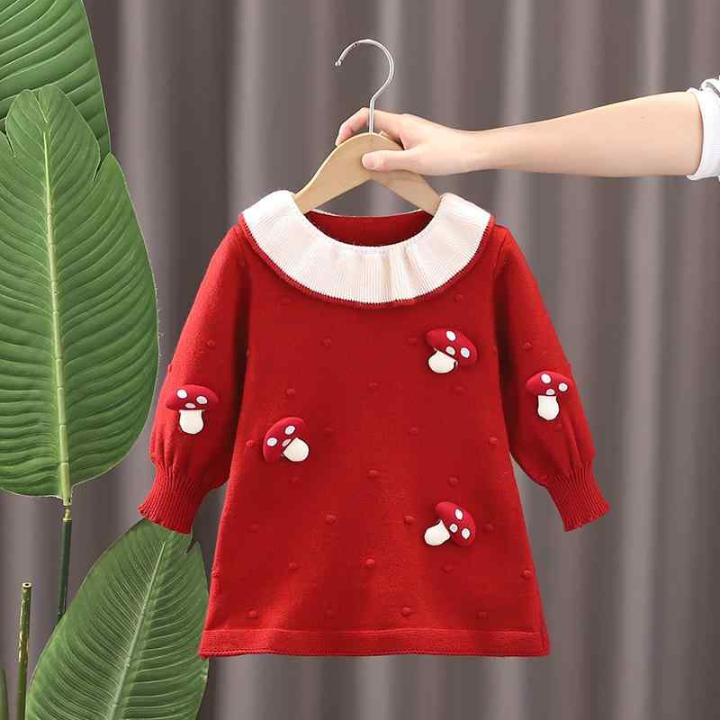 ベビー 女の子 ニットワンピース 秋冬 裏起毛 レッド 韓国 Aライン 長袖 プリンセスドレス お正月 バー..