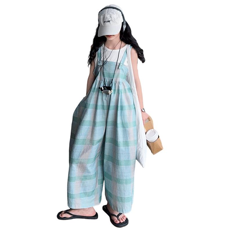 サロペット 女の子 ジュニア チェック柄 ノースリーブ セットアップ 2点セット 韓国 カジュアル おしゃれ 普段着 ゆったり コットン 薄手 春夏