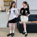 スカートセットアップ 女の子 ジュニア 高学年 中学生 リボン 半袖Tシャツ 薄手 ティアードスカート 着痩せ スタイルアップ 夏 カジュアル おしゃれ 綿混