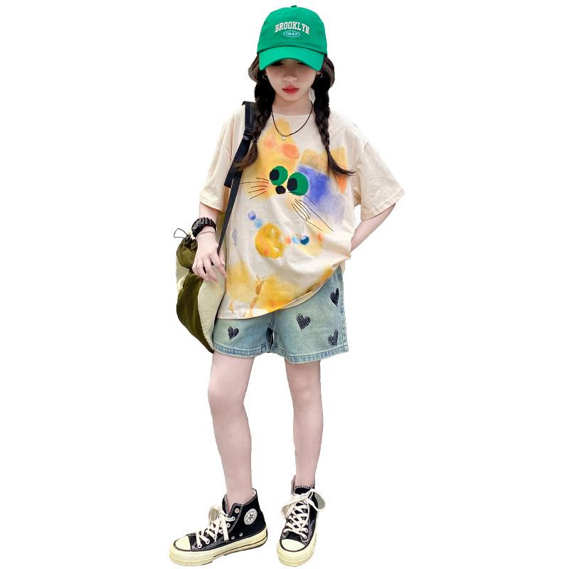 キッズ 女の子 セットアップ 半袖 Tシャツ トップス ショートパンツ 短パン 上下セット カジュアル かわいい おしゃれ 綿 薄手 イエロー系 ジュニア 普段使い 夏