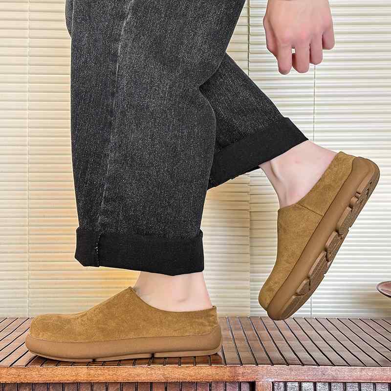 シューズ メンズ クローズドトゥ ミュール ローファー スリッポン 豚革 マイクロファイバー ラバーソール ラウンドトゥ ローヒール 春夏 カジュアル 普段使い 無地 イエロー グレー