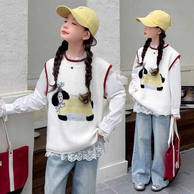 キッズ 女の子 ガールズ ジュニア 春秋 ニットベスト 長袖シャツ デニムパンツ ジーンズ 3点セット 柔..