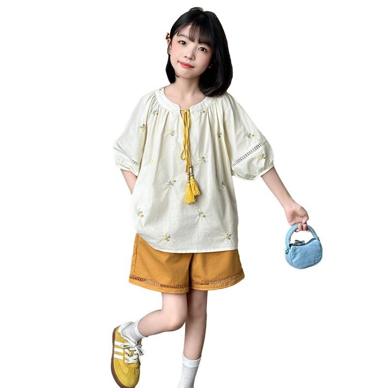 セットアップ 女の子 夏物 キッズ 小花柄 パフスリーブ 半袖トップス ショートパンツ 2点セット 韓国 カジュアル 綿素材 薄手 普段使い かわいい