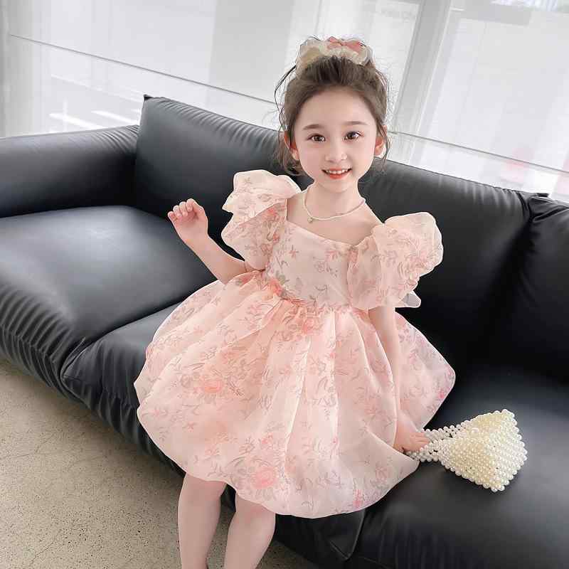 ワンピース ジュニア 女の子 夏 半袖 パフスリーブ 小花柄 リボン フローラル プリンセス風 かわいい コットン フレアスカート 普段着 お出かけ