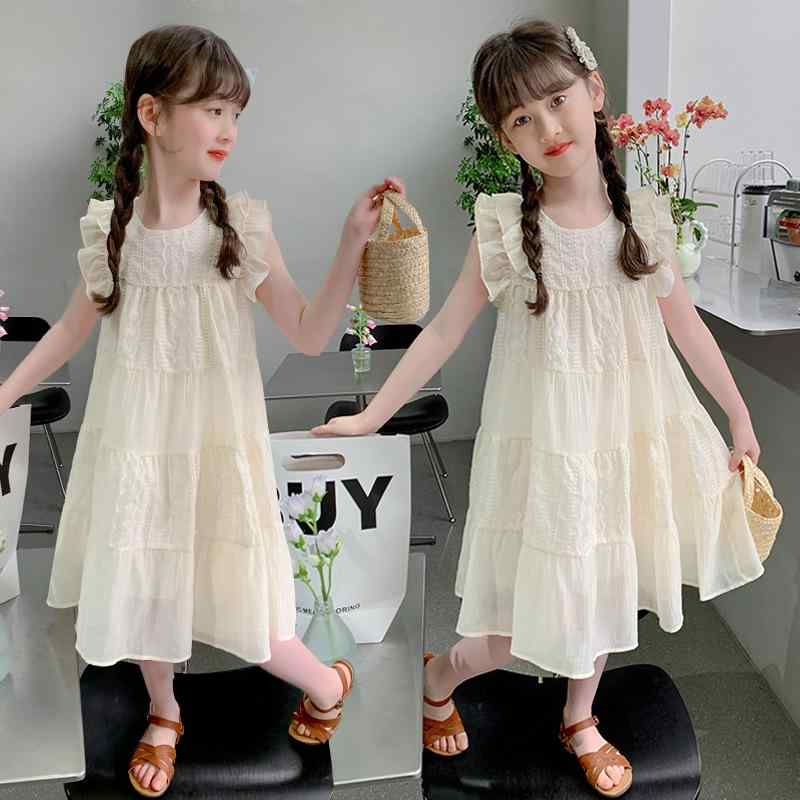 ワンピース 女の子 ジュニア フリルスリーブ 夏用 プリンセスライン フレアワンピース チュールスカー..