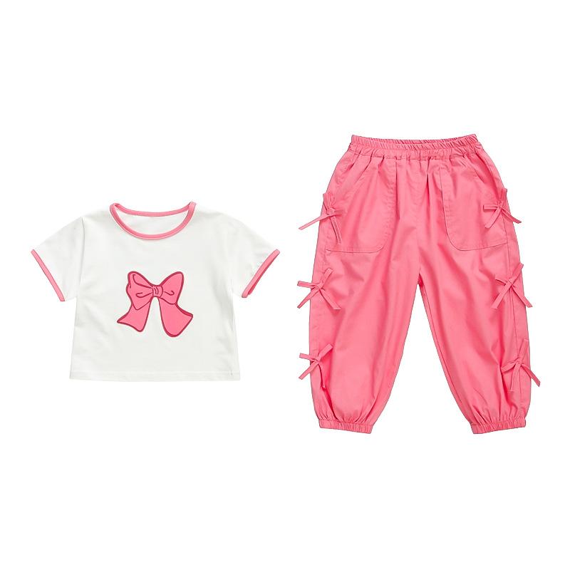 セットアップ 女の子 キッズ ベビー 女児 リボン 半袖 長ズボン パンツ 2点セット かわいい おしゃれ 韓国 夏 綿 薄手 紫 ピンク 普段使い(4)